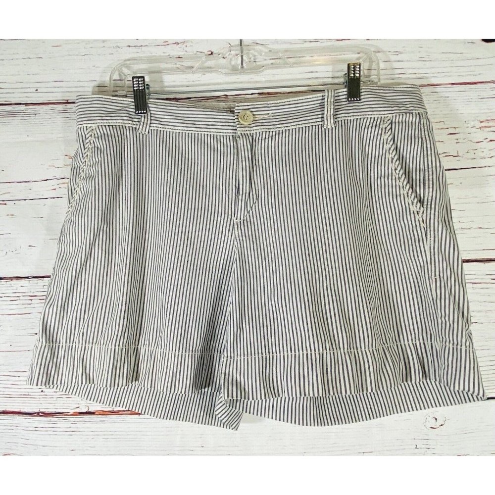 Dockers Chino Shorts Womens Size 12 Blue White Stripes Mid Rise Nautical Stretch